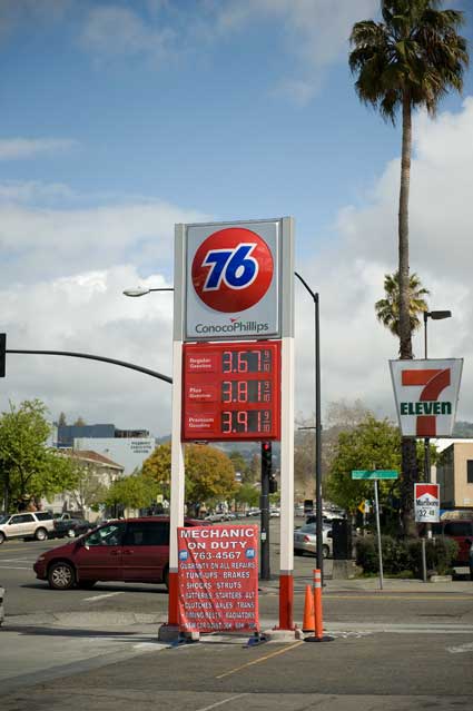 Gasoline prices today in the Grand Lake theater area of Oakland.